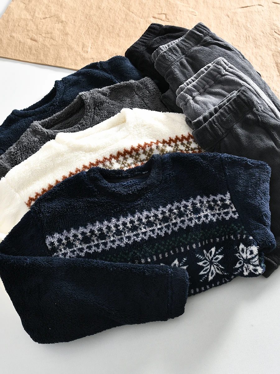 

Warmth Double-sided Flannel Home Leisure Men's Autumn Winter Set Trendy Long Sleeve round Neck Pullover Comfortable Pants
