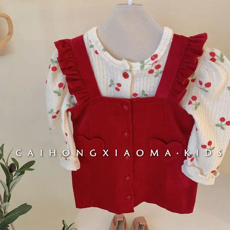 Korean Children's Clothing, Girls' Babies, Spring and Autumn Children's Sweet Bubble Sleeves, Top, Cherry Thin Base, Jacket