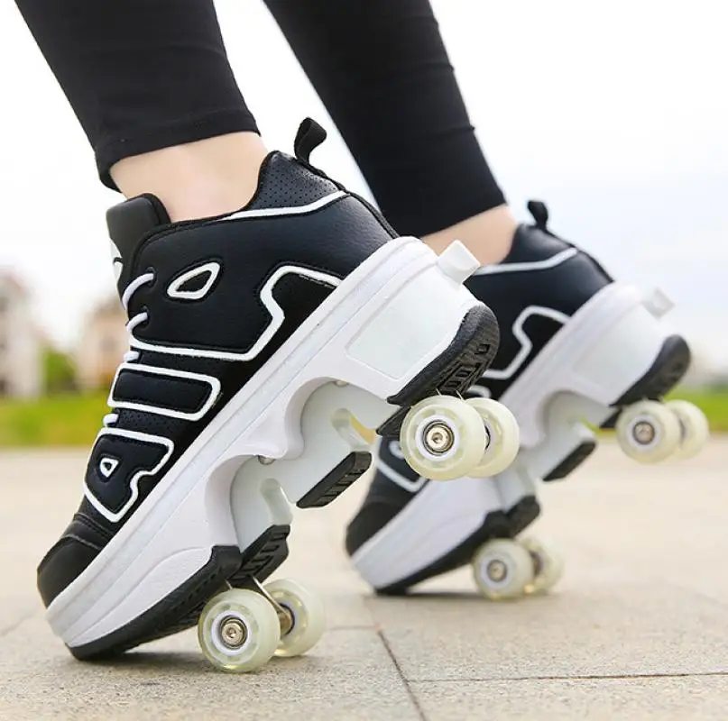 Pu-Leder Kinder 4-Räder Rollschuhschuhe Casual Deformation Parkour Sneakers Skates für Runden Erwachsene von Laufsportschuhen