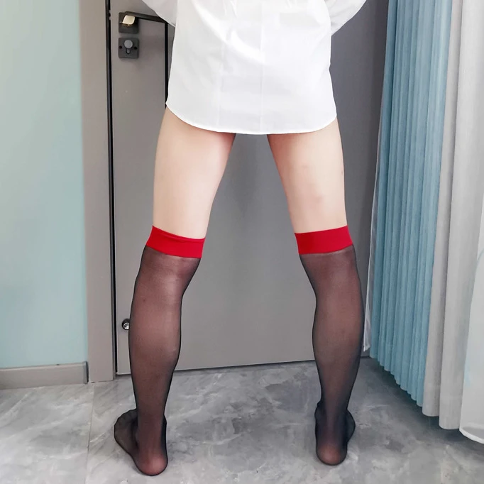 الرجال خمر جوارب الركبة عالية ، الذكور الوثن تخزين شفافة ، الملابس سيسي ، الحرير الأسود ، الأحمر ، الجوارب ، السادة