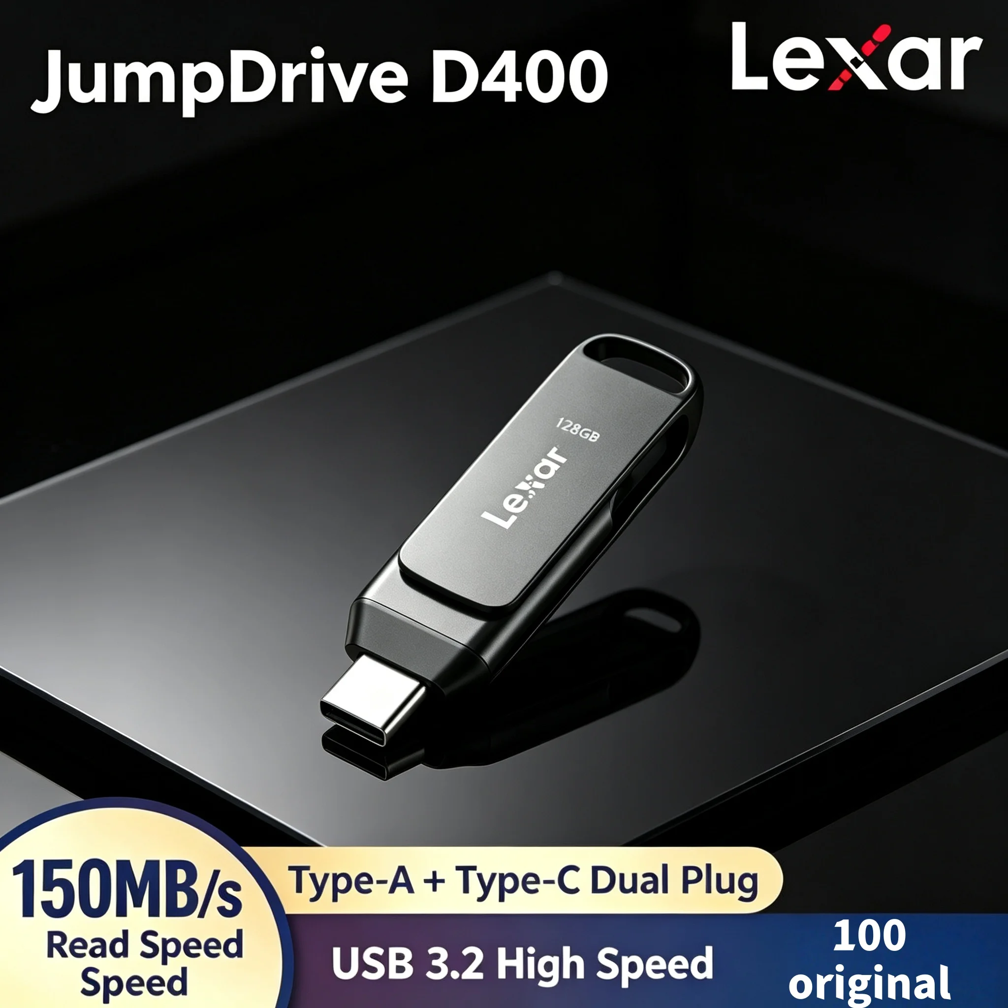 Lexar D400 Dual USB Flash Drive USB C USB A Connector 3.2 Speed Compatible iPhone 15 PC Mac 360 Rotating Cap Fast Transfer Pro