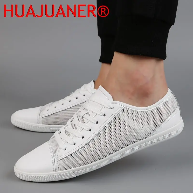 Men Shoes Casual Summer Sneakers Genuine Leather Elegantes Outdoor Shoes Light Breathable Mesh Flats Fashion Hollow Out Footwear