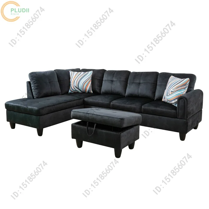 

Black Flannel Living Room Sofa Set 3 Piece Modern Soft Fabric Sectional Couch Set with chaise for Office Lounge Home Theater​
