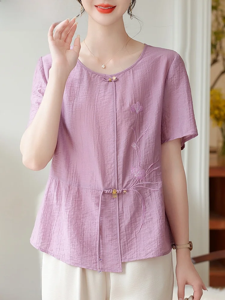 

Ele New Chinese Sle Summer Outfit ort Sve Cotton irt for Middle-Aged Women Faionable Loose Fit Two-Piece Set