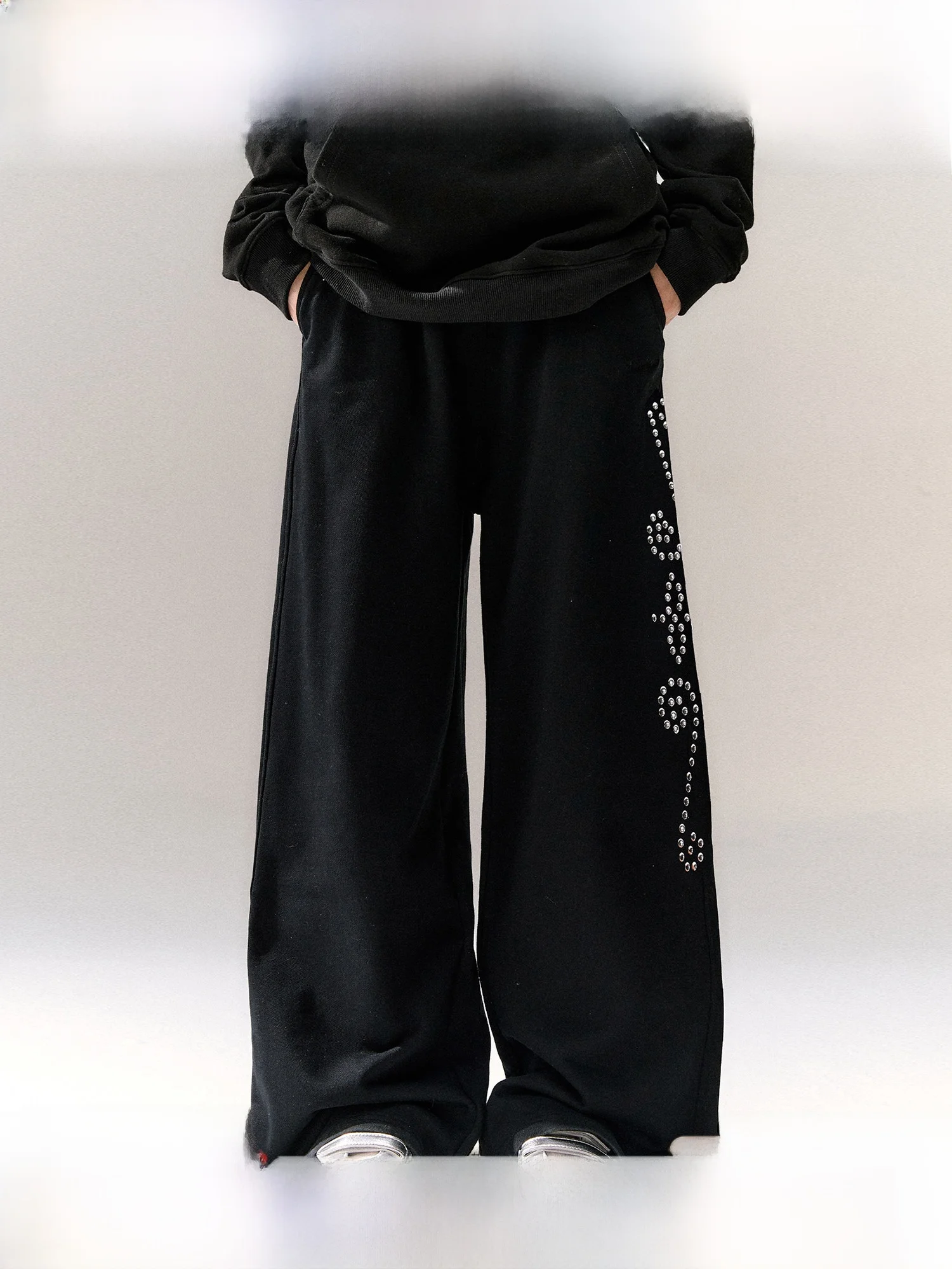 Black Splice Straight Leg Sports Pants Women's High Waist Wide Leg Pants Casual Versatile Diamond Heat Transfer Pants