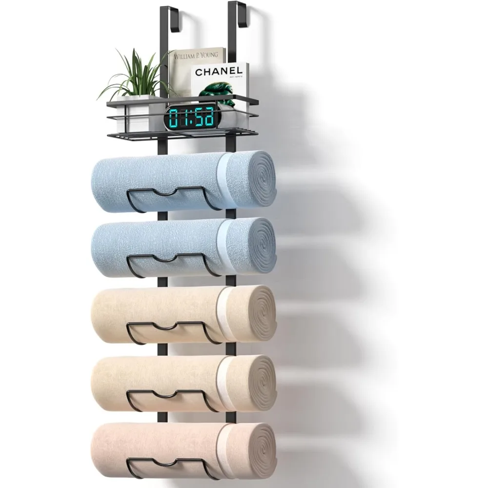 

6-уровневая вешалка для полотенец над дверью, вешалки для полотенец для ванной комнаты, металлический держатель для полотенец с корзиной для хранения, хранилище для полотенец для небольшой ванной комнаты