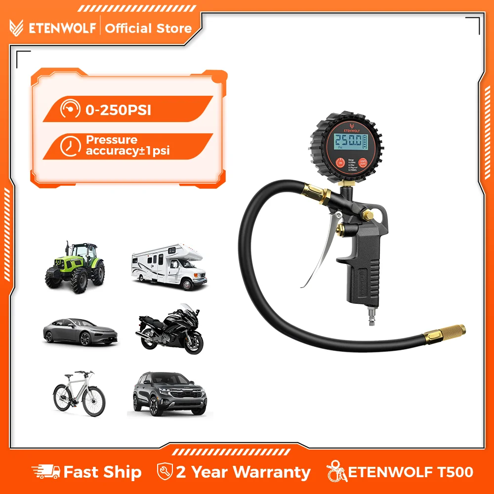 

ETENWOLF T500 Цифровой манометр для шин 0-250 фунтов на квадратный дюйм ANSI B40.7 Класс 2A Воздушный патрон и аксессуары для компрессора с сумкой для хранения