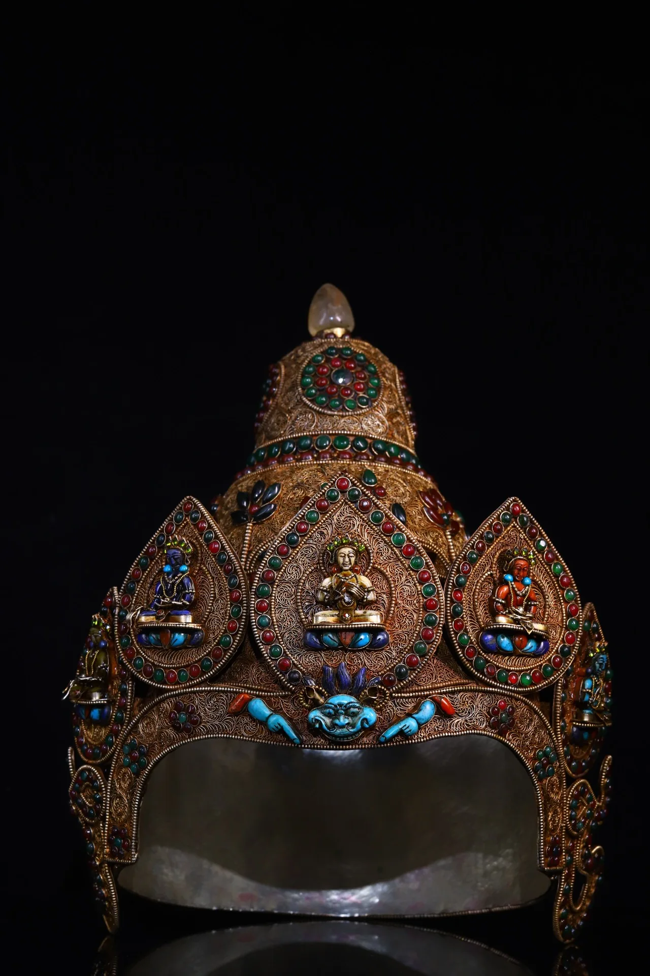 

14"Tibetan Temple Collection Old Tibetan Silver Mosaic Gem Turquoise Four Buddha Guanyin Crown Hat Amulet Dharam Worship Hall