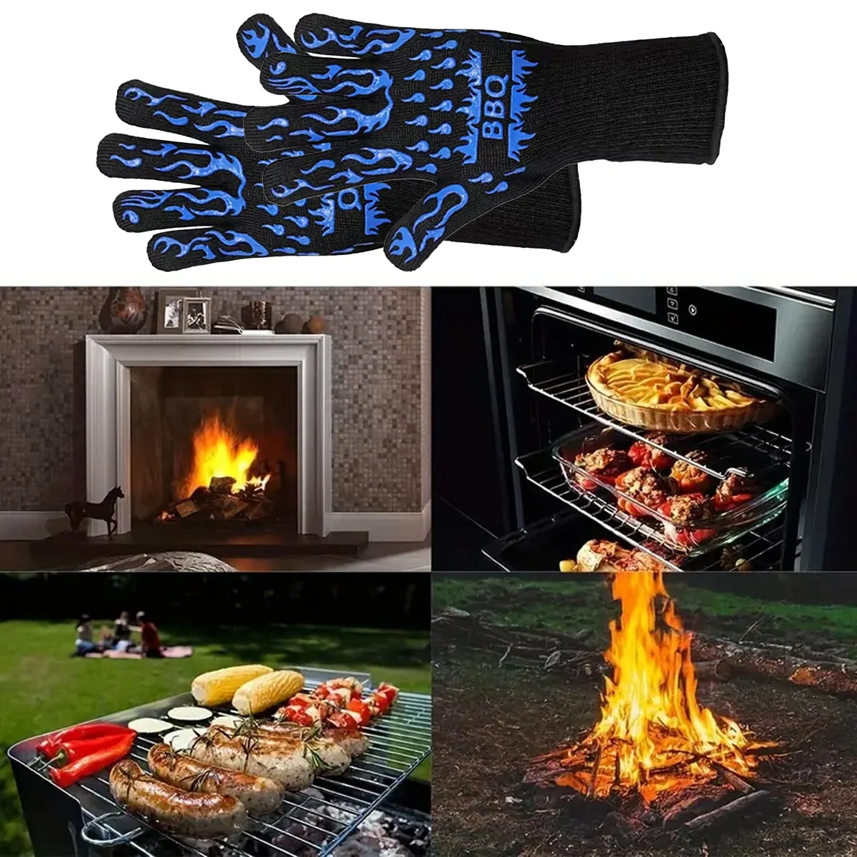 Barbecue Gloves Aramid High Temperature Resistant 500-800° BBQ Flame Retardant Fireproof Thermal Insulation Oven