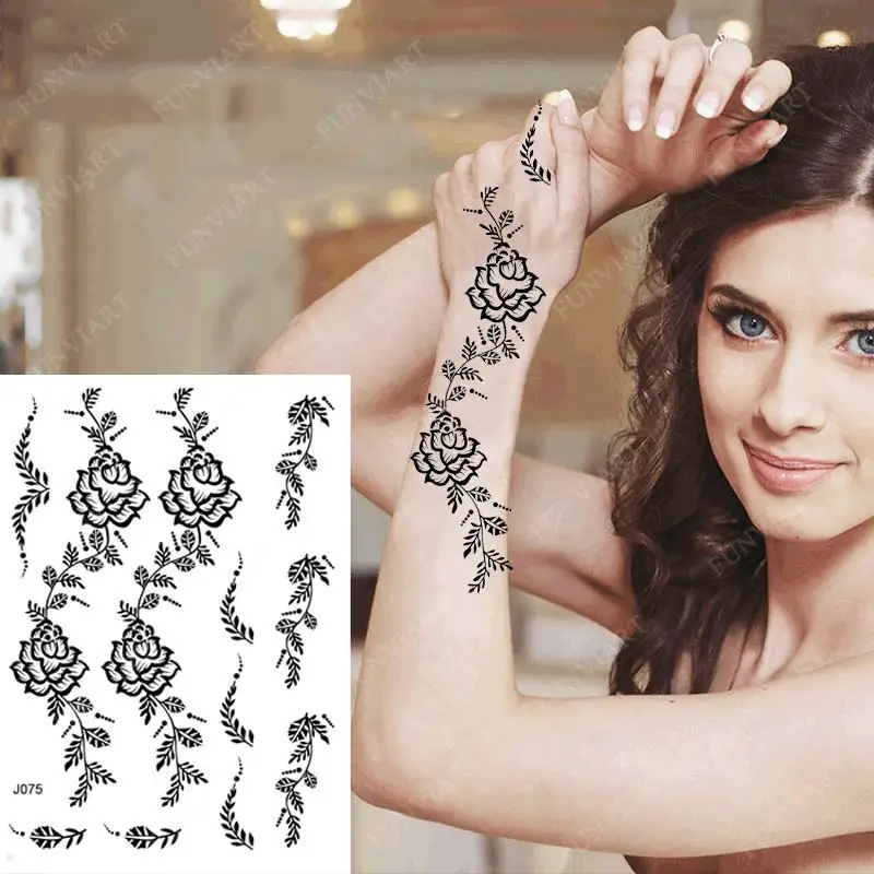 Black Henna Tattoo Sticker Waterproof Temporary Tattoos for Women Body Art Mehndi Stickers for Hand Flower Fake Tattoo