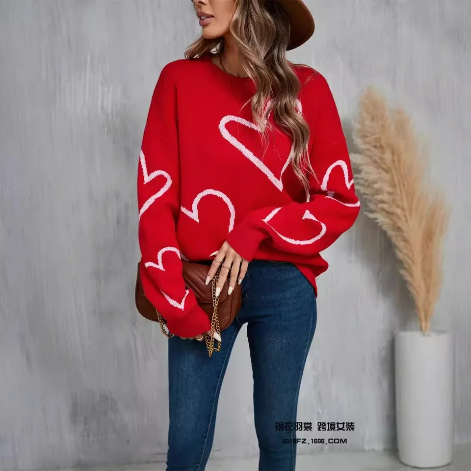 Round Neck Long Sleeve Love Pattern New Pullover Contrast Color Sweater Womens Spring Autumn Versatile Pullover Knitted Sweater 2