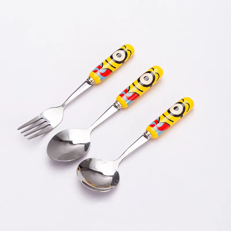 Minions Ceramic Handle Spoon Fork Minion Anime Figure Tableware Cartoon Portable Household Tableware Meal Spoon Party Kid Gift