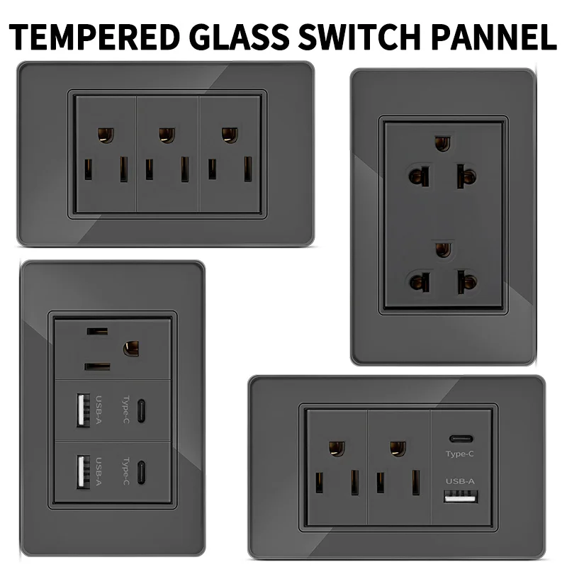 

Tempered Glass Wall Plate: US/Mexico 118 Series AC Outlet w/ 20W USB-C Fast Charge, Reset Push Button Switch for Home/Office​​