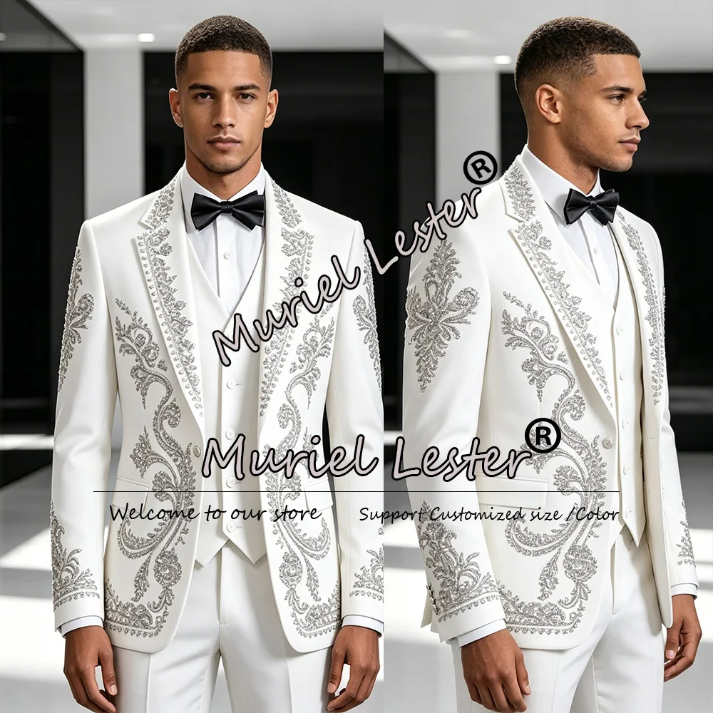 

Brilliant Rhinestone Beaded Suits Men Formal Wear Plus Size Custom Made Groom Blazer Slim Fit Groom Weding Tuxedo Attire Luxury