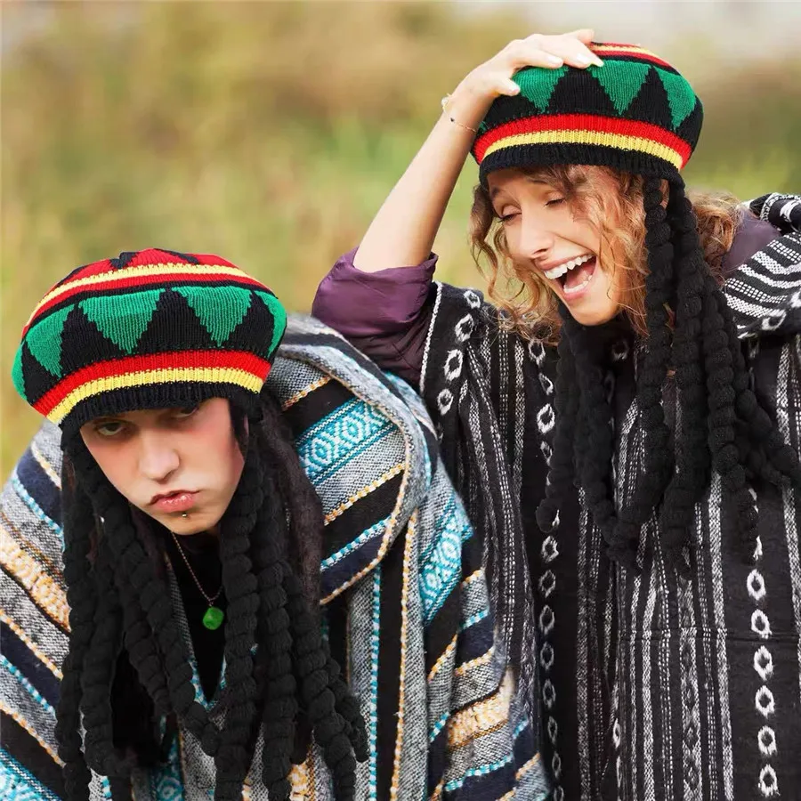 Men Wig Reggae Party Skullies Women Jamaican Rasta Hat with Dreadlocks Knit Striped Beanies Funny Cosplay Crochet Halloween Hat