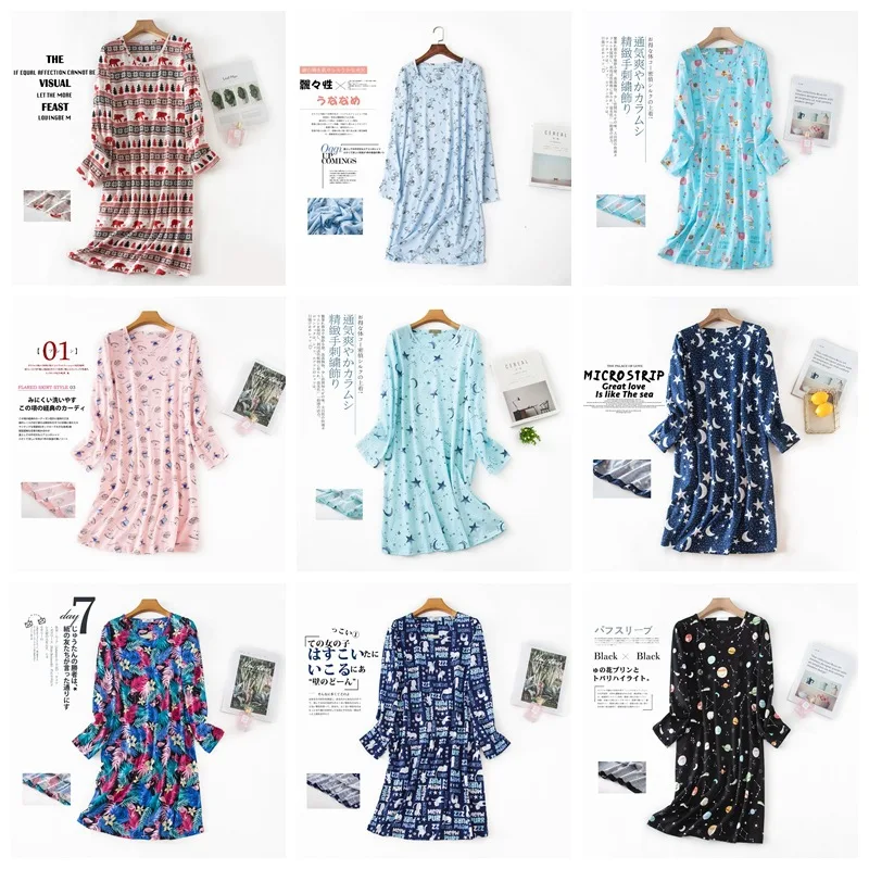 

Knitted Cotton Women Plus Size Lingere Nightgown Loose Nightdress Long Sleeve Night Gown Cute Cartoon Plus Size Home Dress
