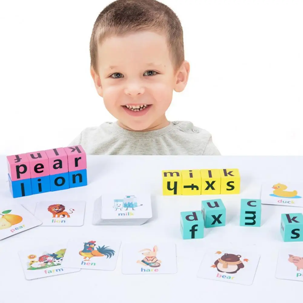 Apprendimento lettere giocattolo educativo in legno lettera Building Blocks Set per i più piccoli Phonics Flash card alfabeto per l'ortografia