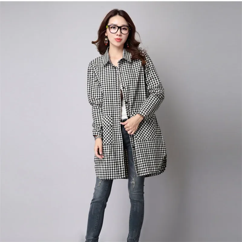 2024 Spring Autumn New Plaid Casual Shirt Women Fashion Long Sleeve Mid-Length Single-Breasted Blouse Coat Loose Ladies Top