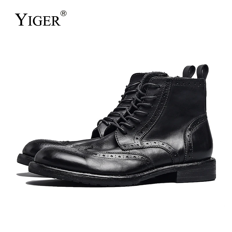 

YIGER Men's High Top Basic Boots Brogue Vintage Motorcycle Boots Genuine Leather boots Handmade Casual Retro Ankle Boots 2023new