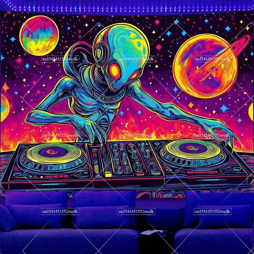Blacklight Space Alien Tapestry UV Reactive Galaxy Planet Glow In