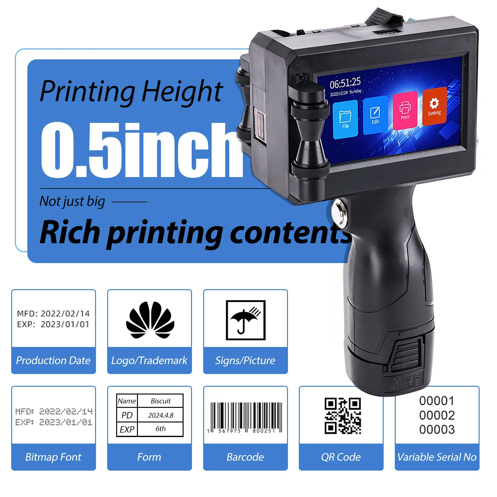 ZM-C10 Handheld Inkjet Printer Portable Date Batch Number QR Code Packaging Bag Bottle Printing Machine 12.7mm Universal Type