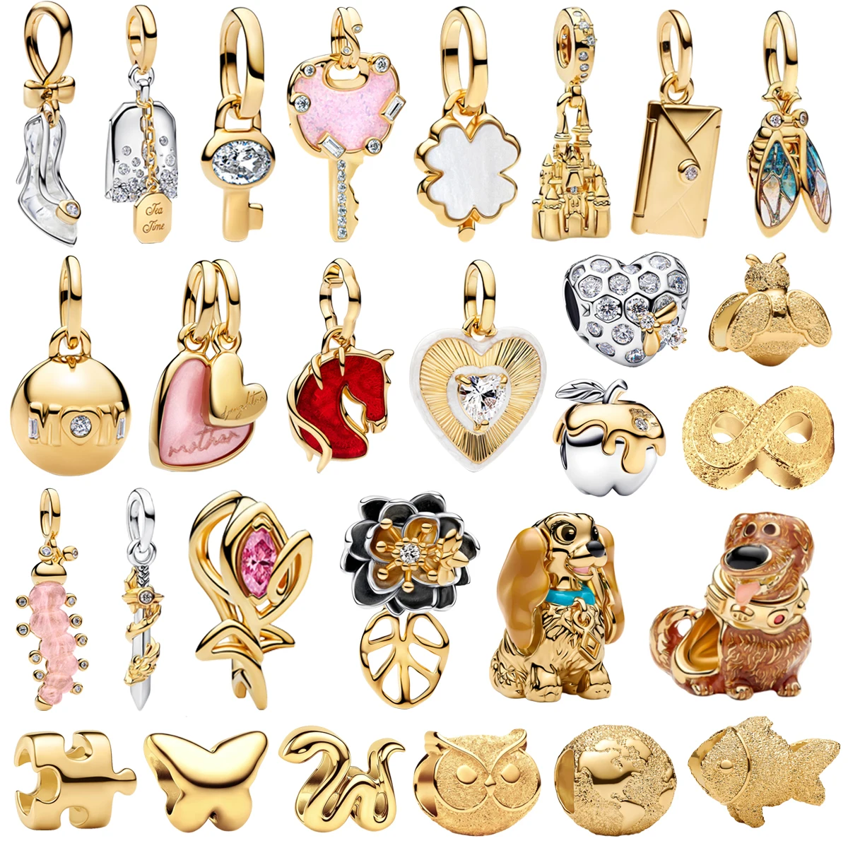 

New Original 925 Sterling Silver Gold Key Butterfly Owl Tulip Dog Bead Pendant fit Women's DIY Bracelet Necklace Jewelry Gift