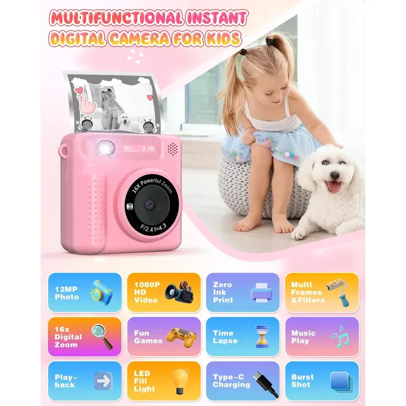 VATOS Instant Printing Camera-Portable Rejected 2.4 Inch Digital Camera with Birthday Gift Frame Printing Paper for Kids Pin