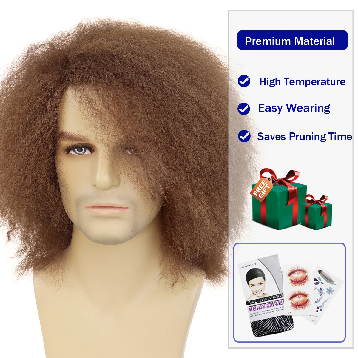 الاصطناعية 14 بوصة قصيرة براون الشعر فضفاض ياكي مستقيم الباروكات الطبيعية رقيق الأفرو تصفيفة الشعر المستعار للرجال الروك شعر مستعار زي الطرف