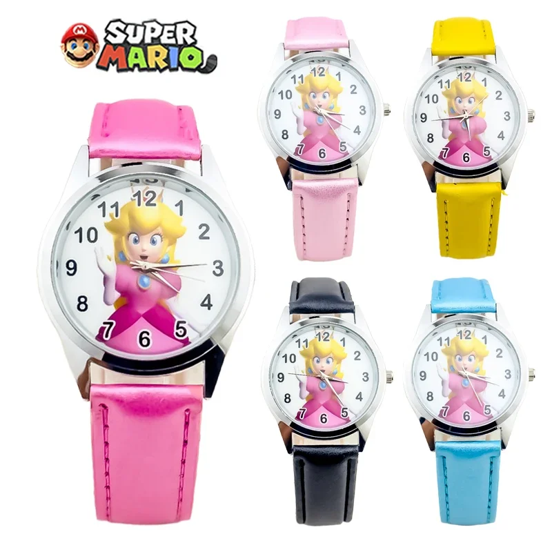 Kawaii Super Mario Bros Princess Peach Children's Watches for Girls Quartz Wristwatches Cute Anime Watch Student Kids Gifts Toys