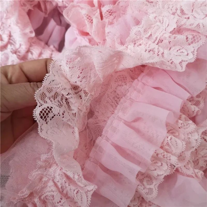 HOT Pink Three-layer Pleated Chiffon Beautiful Lace Ribbon Fabric DIY Handmade Wedding Dress Skirt Clothes Hat Making Doll Trim