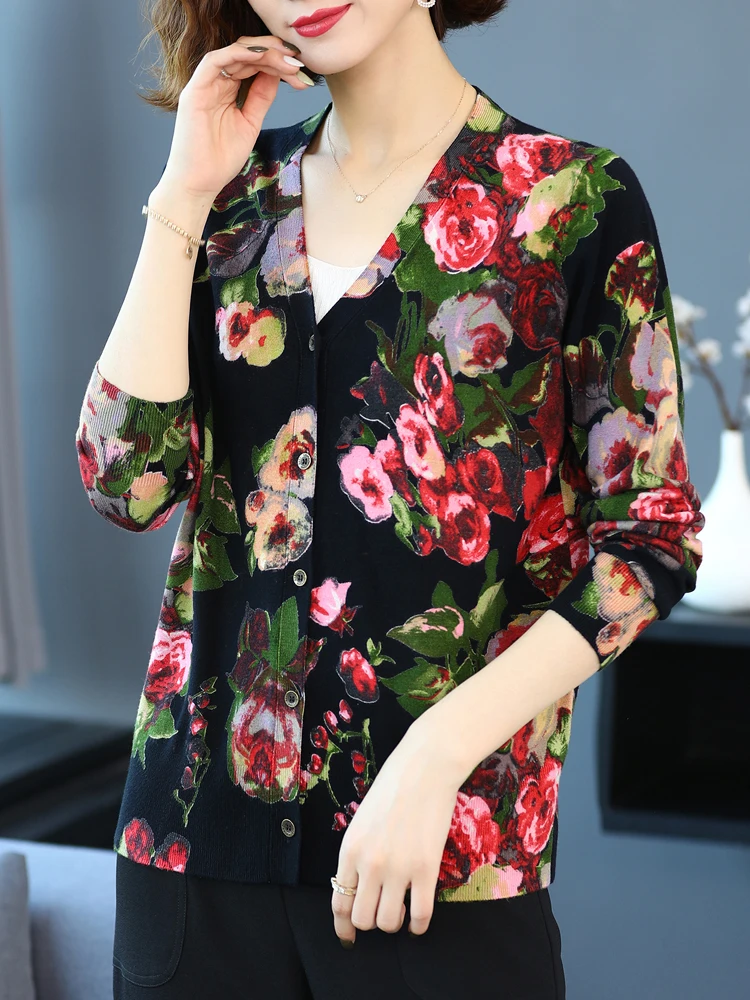 Sweater Women New Autumn Casual Print Floral Long Sleeve Woman Cardigan High Quality Knitwear Single-breasted Cardigans