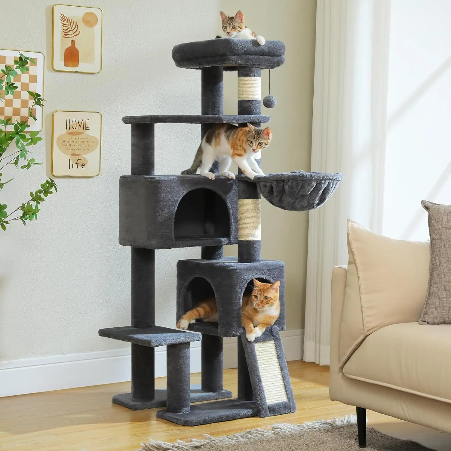 

Cat Tree, 51.6 Inches Cat Tower with Dual Condos, Spacious Perch, Cozy Basket and Sisal-Covered Scratching Posts for Sma