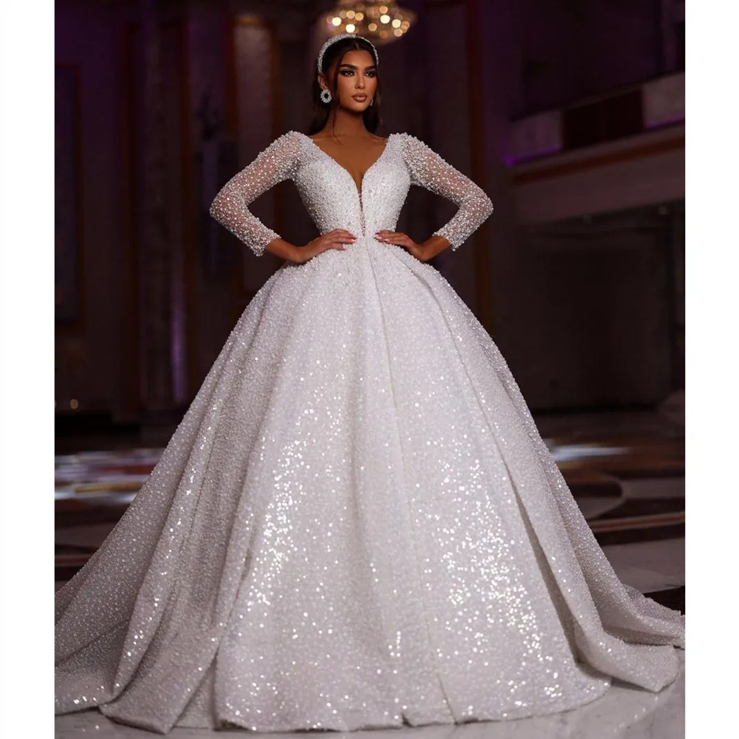 

Luxury Wedding Dress Long Sleeves Ball Gown V Neck Sequins 3D Lace Appliques Zipper Bridal Gowns Vestina De Novia Customized