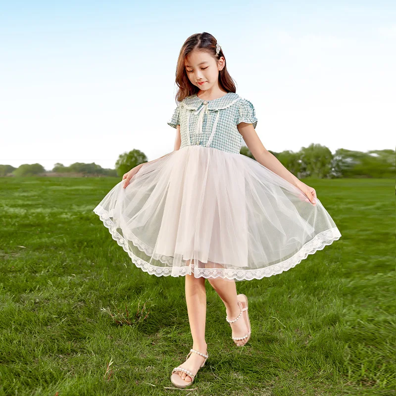 

JUCPKID 2024 Korean Summer School Girl Dress Children Girl Plaid Patchwork Lace Gauze One-piece Dress Junior Girl Princess Dress