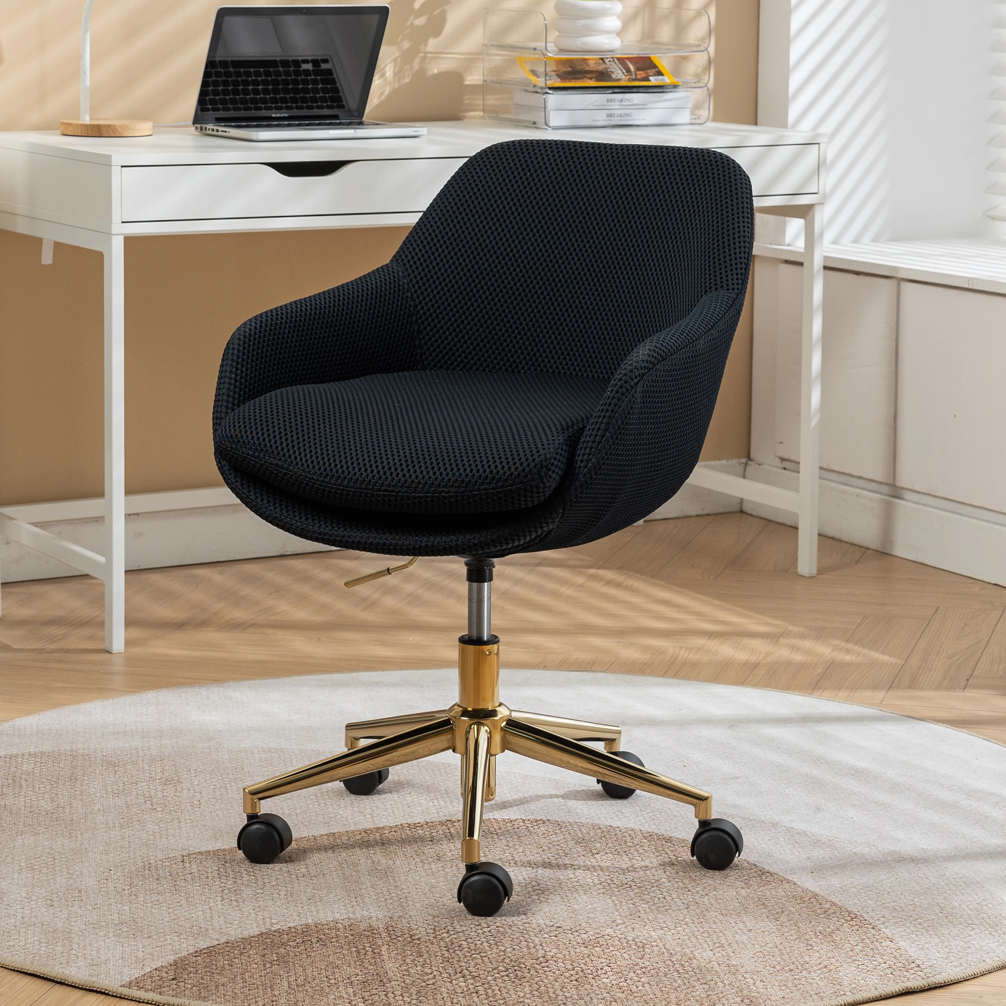 Mesh Fabric Home Office 360°Swivel Chair Adjustable Height With Gold Metal Base