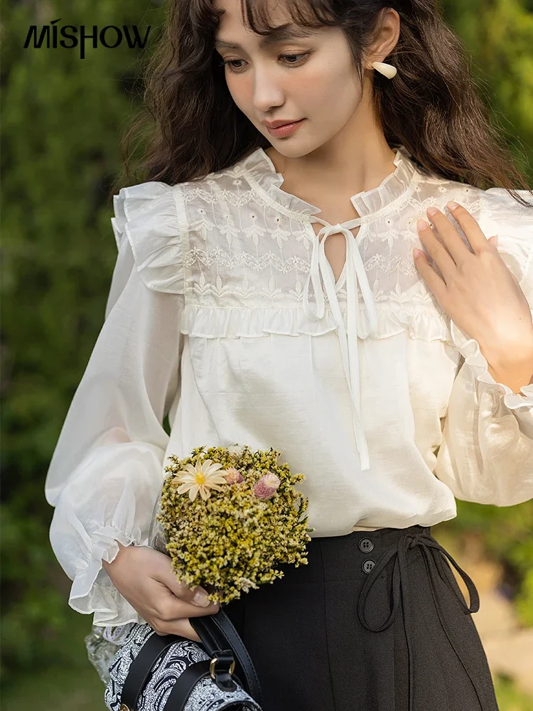 MISHOW Lace-up Blouse Women 2023 Spring French Elegant Pullover Tops Sweet Petal Sleeve Shirts Solid Female Clothing MXC11X0406