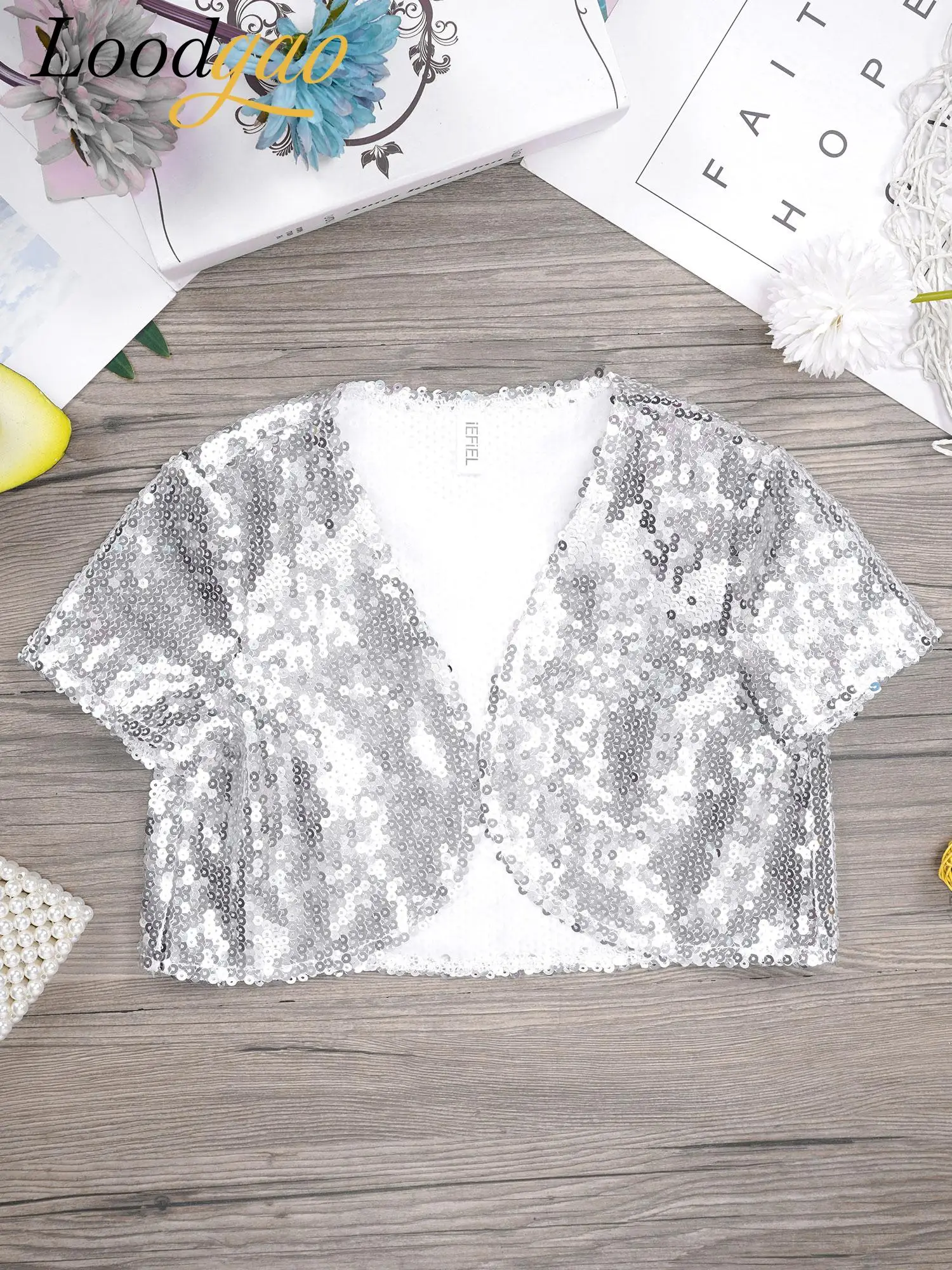

Girls Hip Hop Party Outfit Streetwear Sequins Bolero Cardigan Open Front Fashion Short Sleeve Jacket Child Street Dance Costume