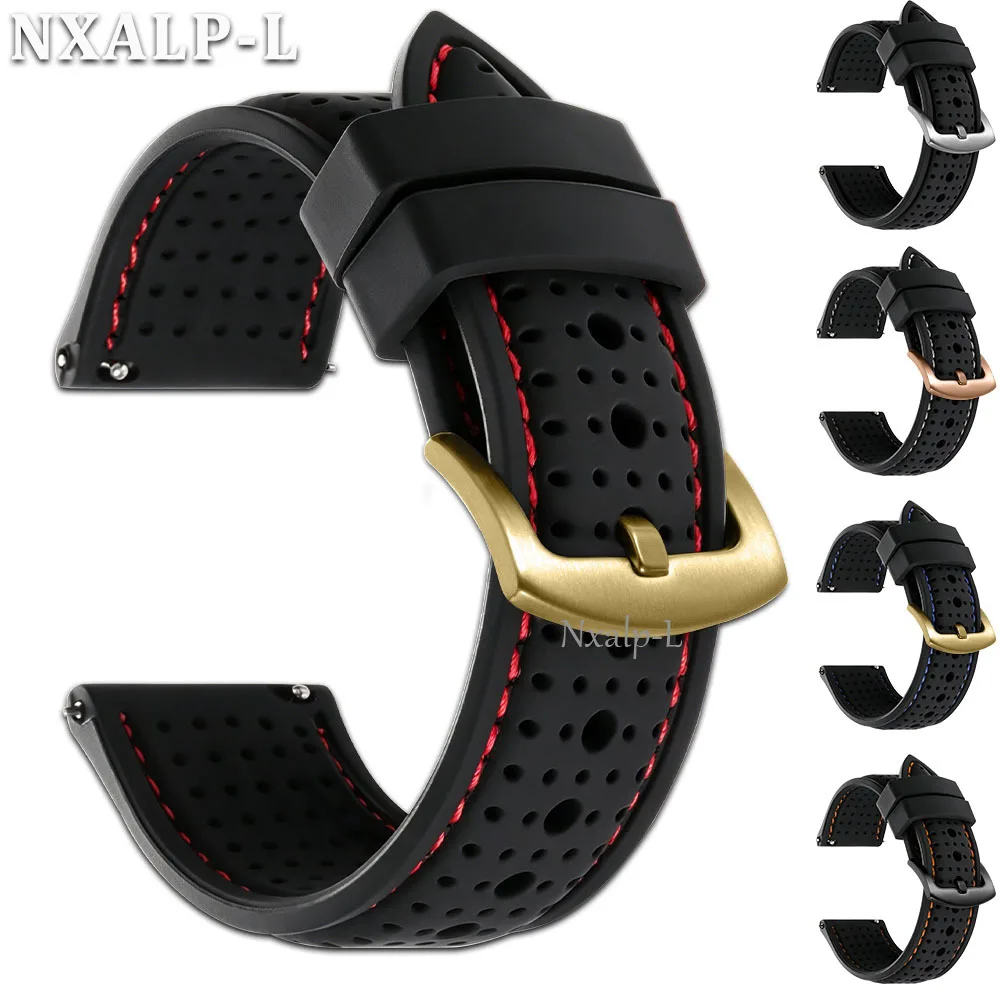 Atmungsaktives, weiches Silikon-Gummi-Uhrenarmband, 20 mm, 22 mm, 24 mm, für Herren und Damen, Sport, wasserdichter Riemen für Smartwatch, Schnellverschluss-Armband