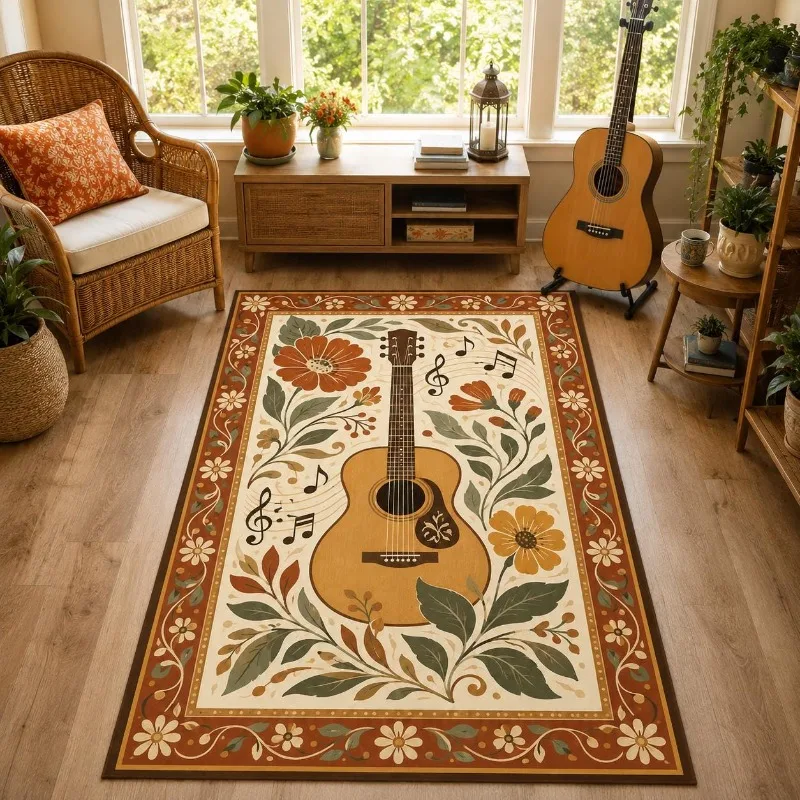 Vintage Guitar Floral Area Rug Boho Music Note Flower Carpet Retro Farmhouse Floor Mat for Home Spring Summer Holiday Decor