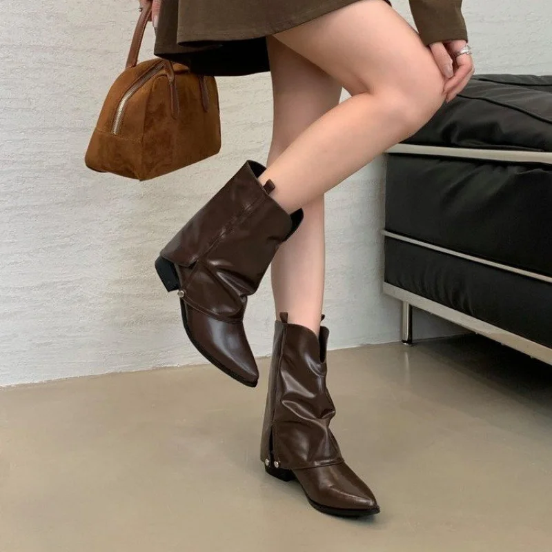 ​ ​ 2025, neue Western-Cowboystiefel für Damen – mittelhohe, spitze Zehenpartie, klobiger Absatz, Vintage-Lederstiefel für Damen, Herbst- und Winterstiefel