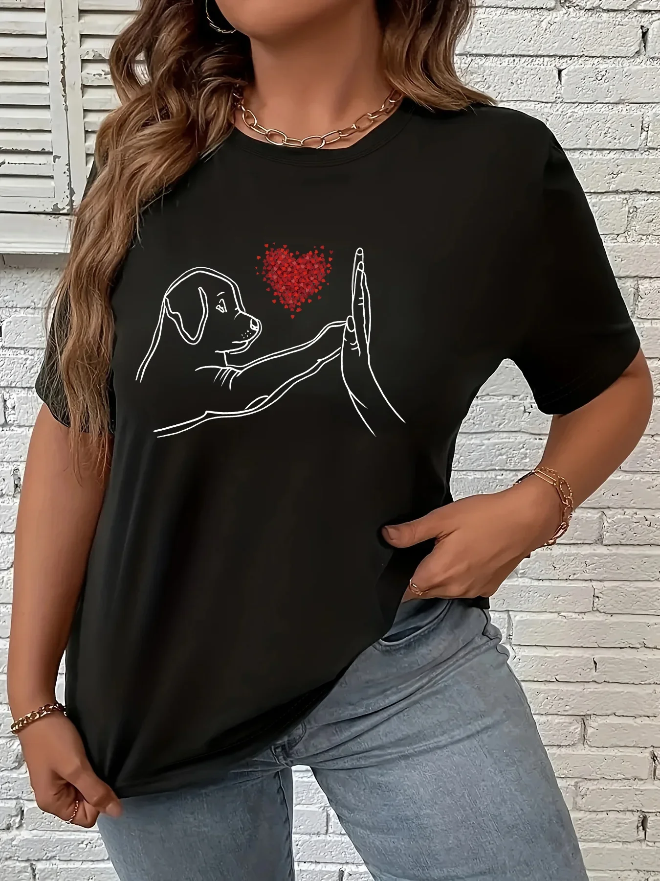 

Plus Size Women's Summer Casual Short Sleeve Round Neck Top T-Shirt Printing Graphic Puppy Heart Palm Plus Size Fashion T-Shirt