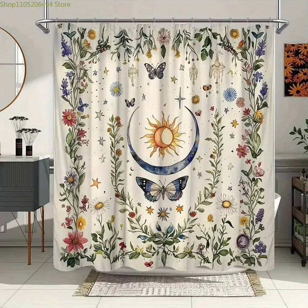 

Vintage Floral & Celestial Bathroom Decor with Sun, Moon, Butterflies - Elegant Bath Curtain for Modern Traditional Bathrooms