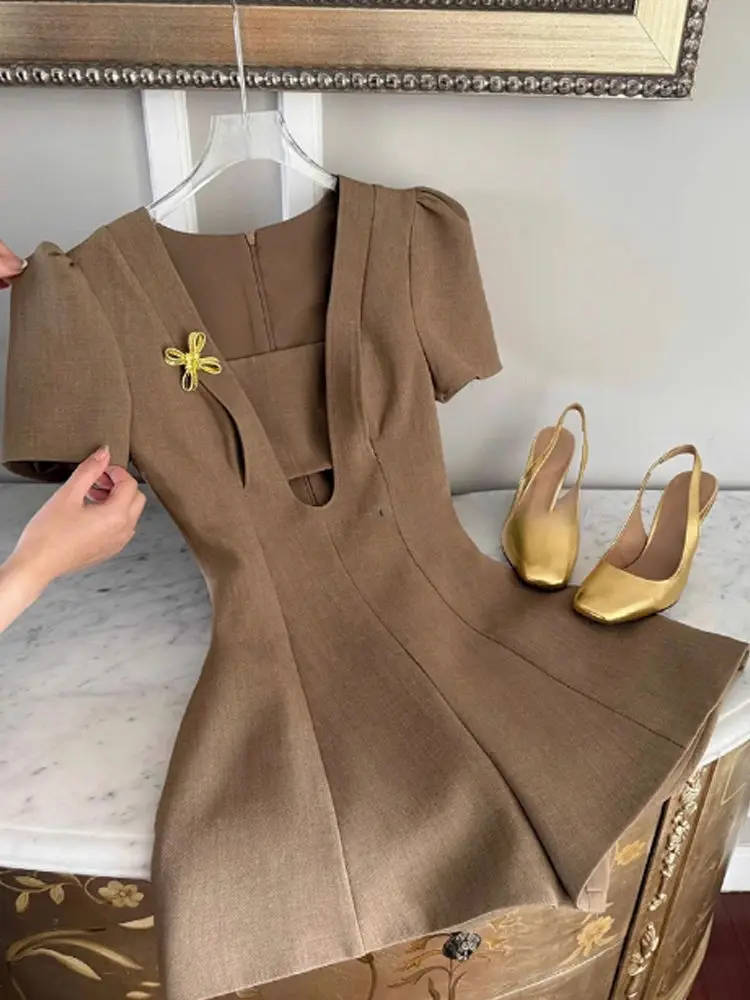 

Autumn Winter New Arrival Women's Solid Slim Fit Elegant Long Sleeve Ruched Wrap Chocolate Brown Bodycon Evening Party Dress