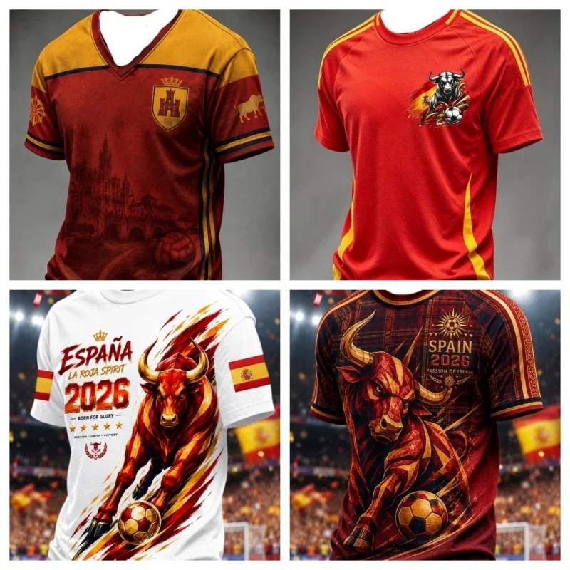 2026 Unisex Spain Fan Soccer Jersey Bull City Landmark Pattern Background Casual Street Athletic Uniform FamilyMatching Y2K