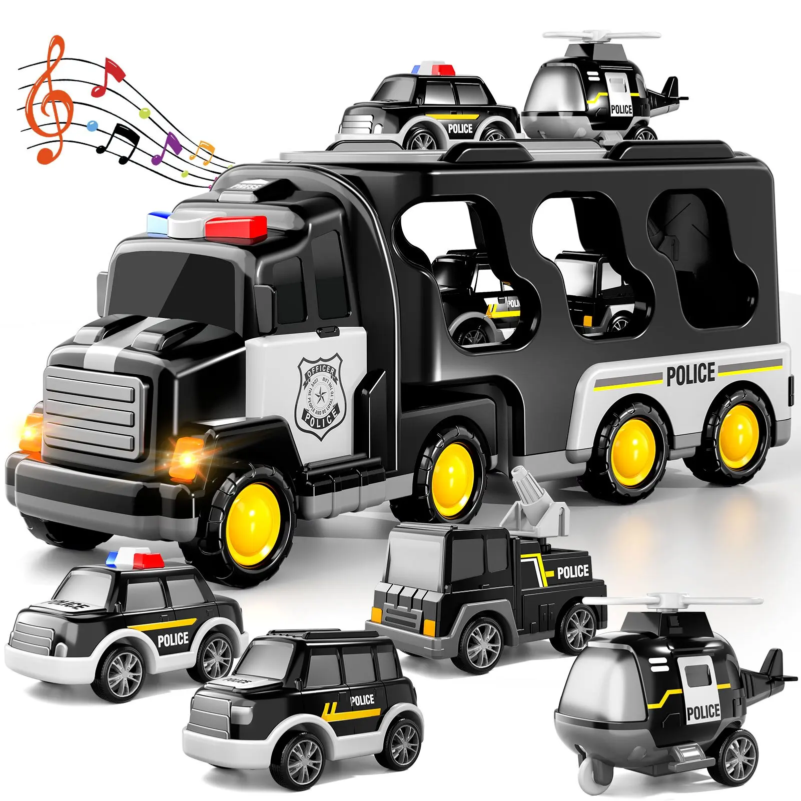 Police Truck Toys for Boys - 5-in-1 Friction Power Emergency Vehicle, Police Car Toy for Toddlers, Carrier Truck Toys