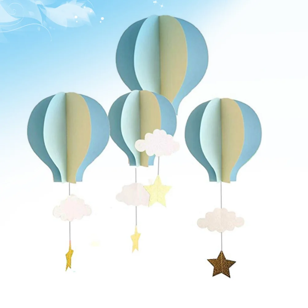 4pcs 3D Paper Pendant Hot Air Balloons Clouds Stars Hanging Ornaments for Home Decor (Light Blue Sky Blue and Beige)