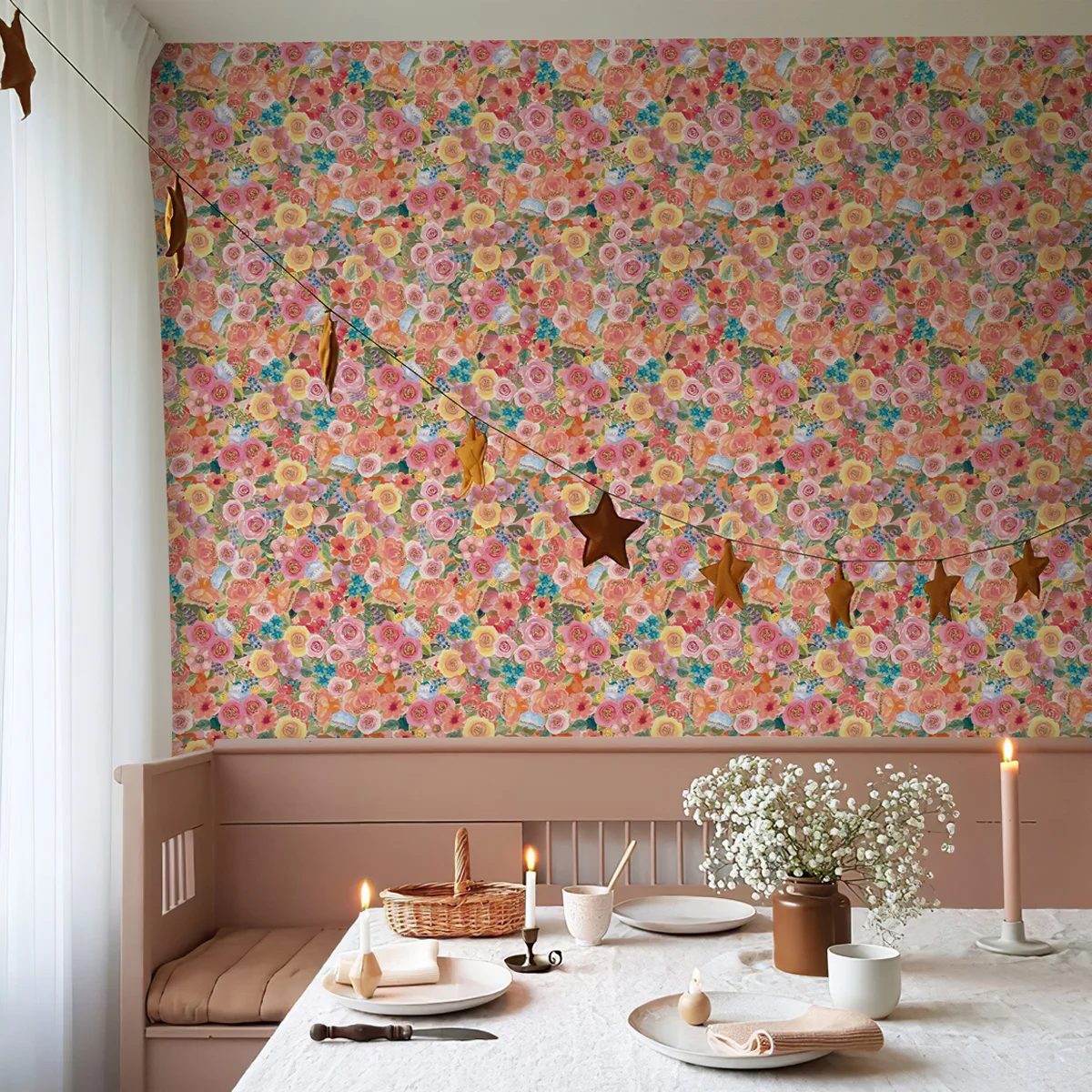 Cute Cat Floral Wallpaper Self - Paper Straw Color 评论和价格