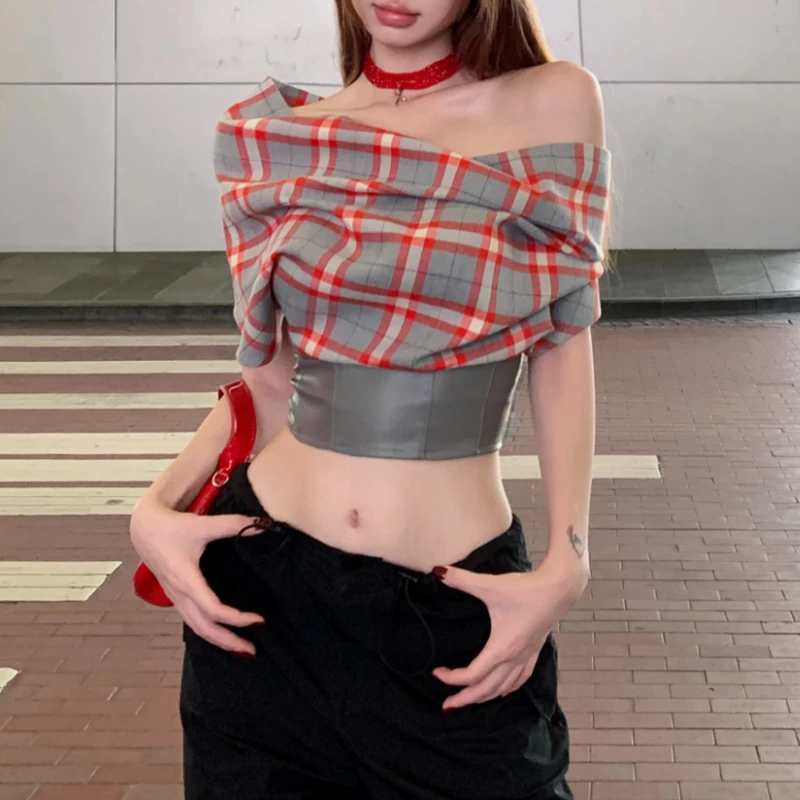 

Off-shoulder Contrast Color Patchwork Casual Short-sleeved T-shirt Women 2024 Summer New High Street Sexy Slim Plaid Crop Tops