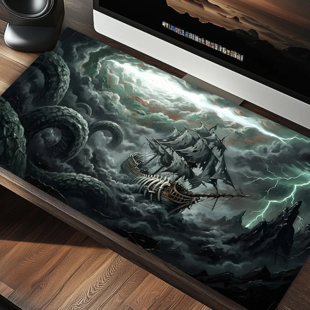 Stormy Kraken Encounter Pirate Gaming Desk Pad Mousepad alfombrillas para escritorio tapis de souris accessoires de bureau