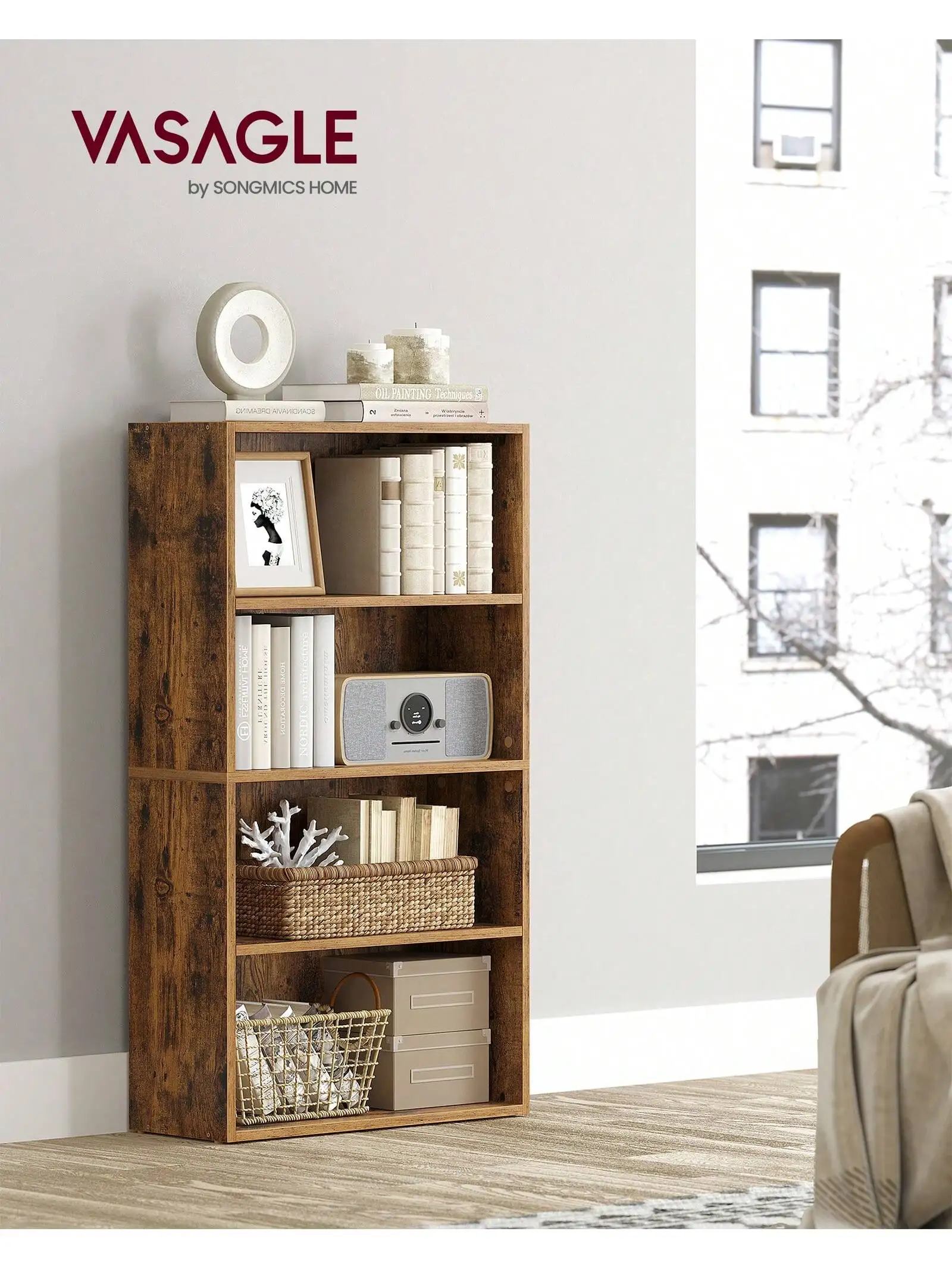 

SONGMICS Bookshelf, 4-Tier Open Bookcase With Adjustable Storage Shelves, Floor Standing Unit, 9.4"D X 23.6"W X 42.3"H, Rusti